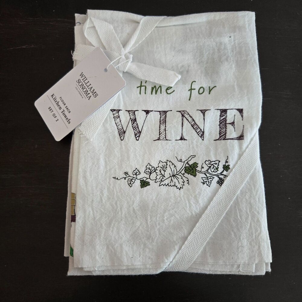 WILLIAMS SONOMA Time for Wine/More Cheese Please Flour Sack Kitchen Towels SET/2